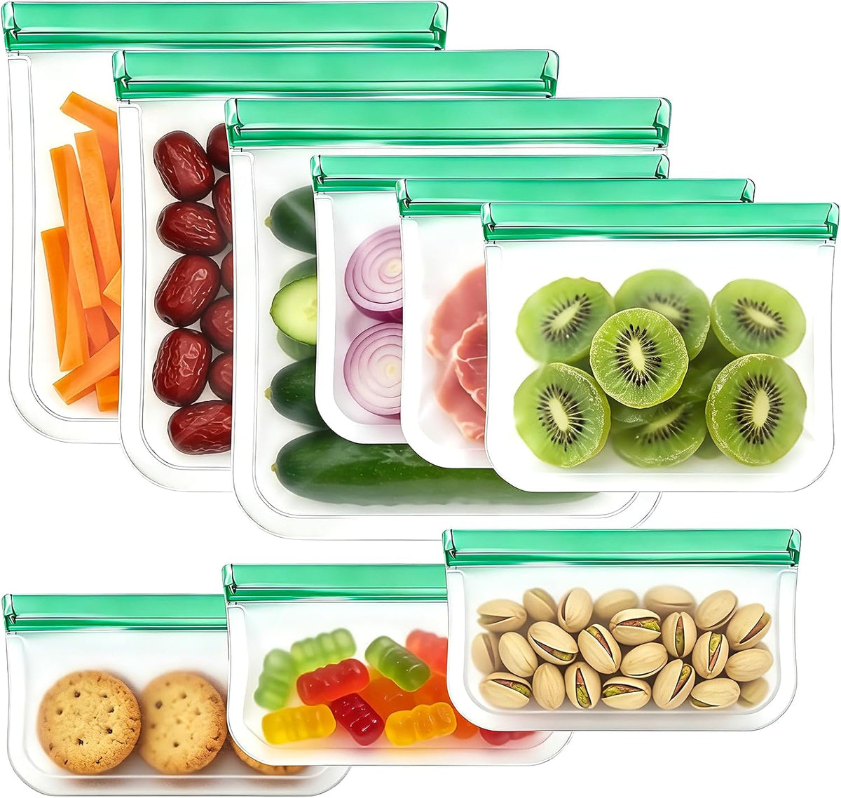 9 Pack Reusable Silicone Food Storage Bags - Freezer & Dishwasher Safe Leakproof Reusable Bags, Freezer Storage Bags Sets - 3 Gallon 3 Snack 3 Sandwich Bags