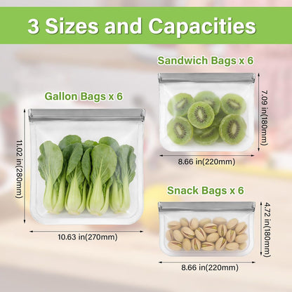 9 Pack Reusable Silicone Food Storage Bags - Freezer & Dishwasher Safe Leakproof Reusable Bags, Freezer Storage Bags Sets - 3 Gallon 3 Snack 3 Sandwich Bags