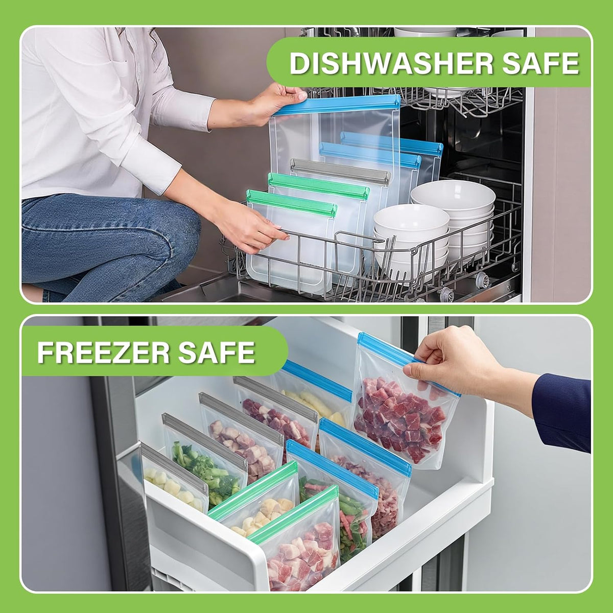 9 Pack Reusable Silicone Food Storage Bags - Freezer & Dishwasher Safe Leakproof Reusable Bags, Freezer Storage Bags Sets - 3 Gallon 3 Snack 3 Sandwich Bags