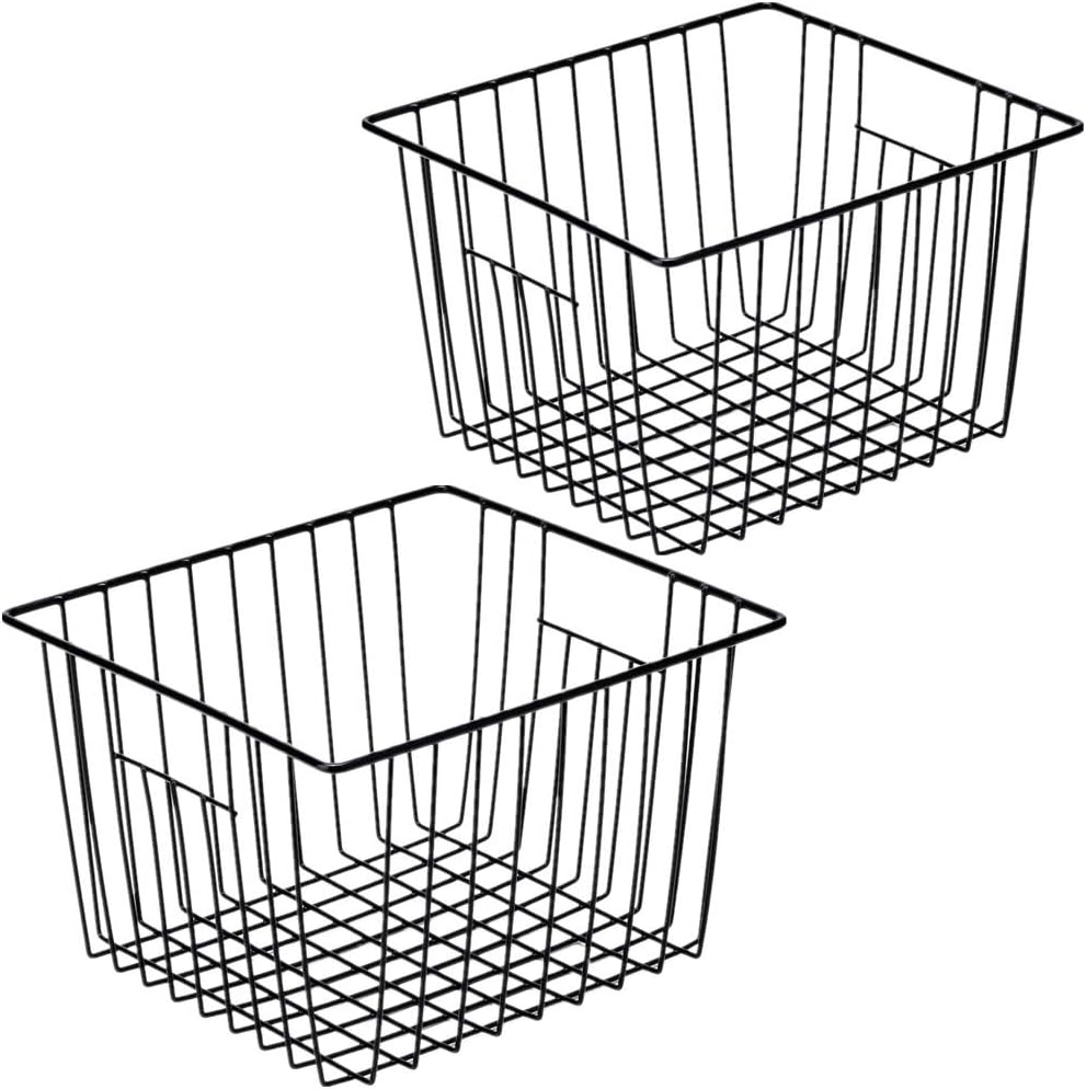 Freezer Baskests Organizer Bins, Freezer Wire Storage Basket Refrigerator Storage Baskets Bins Organizer with Built-in Handles for Cabinets, Pantry, Closets, Bedrooms - Set of 2 White