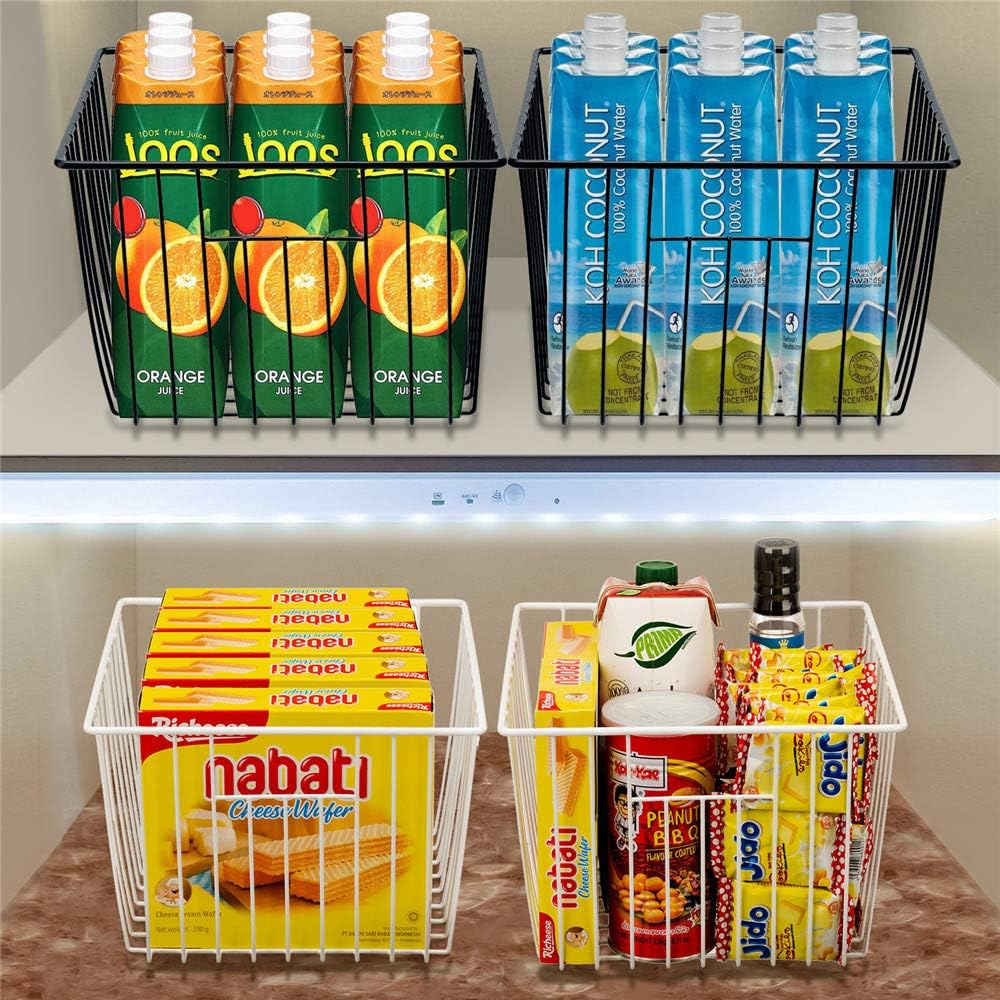 Freezer Baskests Organizer Bins, Freezer Wire Storage Basket Refrigerator Storage Baskets Bins Organizer with Built-in Handles for Cabinets, Pantry, Closets, Bedrooms - Set of 2 White