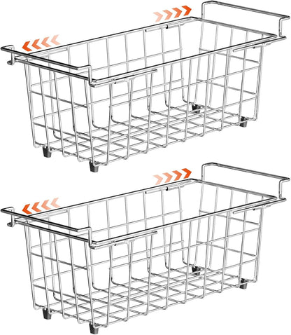 Freezer Baskests Organizer Bins, Freezer Wire Storage Basket Refrigerator Storage Baskets Bins Organizer with Built-in Handles for Cabinets, Pantry, Closets, Bedrooms - Set of 2 White