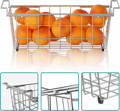Freezer Baskests Organizer Bins, Freezer Wire Storage Basket Refrigerator Storage Baskets Bins Organizer with Built-in Handles for Cabinets, Pantry, Closets, Bedrooms - Set of 2 White