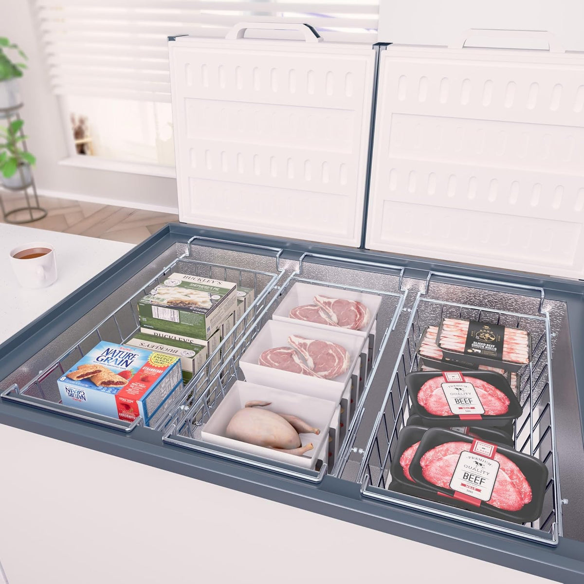 Freezer Baskests Organizer Bins, Freezer Wire Storage Basket Refrigerator Storage Baskets Bins Organizer with Built-in Handles for Cabinets, Pantry, Closets, Bedrooms - Set of 2 White