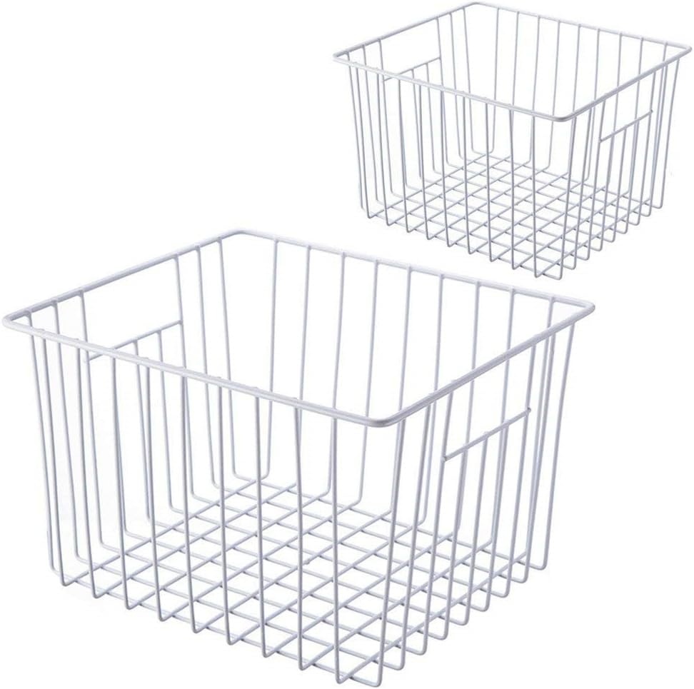 Freezer Baskests Organizer Bins, Freezer Wire Storage Basket Refrigerator Storage Baskets Bins Organizer with Built-in Handles for Cabinets, Pantry, Closets, Bedrooms - Set of 2 White