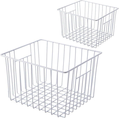 Freezer Baskests Organizer Bins, Freezer Wire Storage Basket Refrigerator Storage Baskets Bins Organizer with Built-in Handles for Cabinets, Pantry, Closets, Bedrooms - Set of 2 White