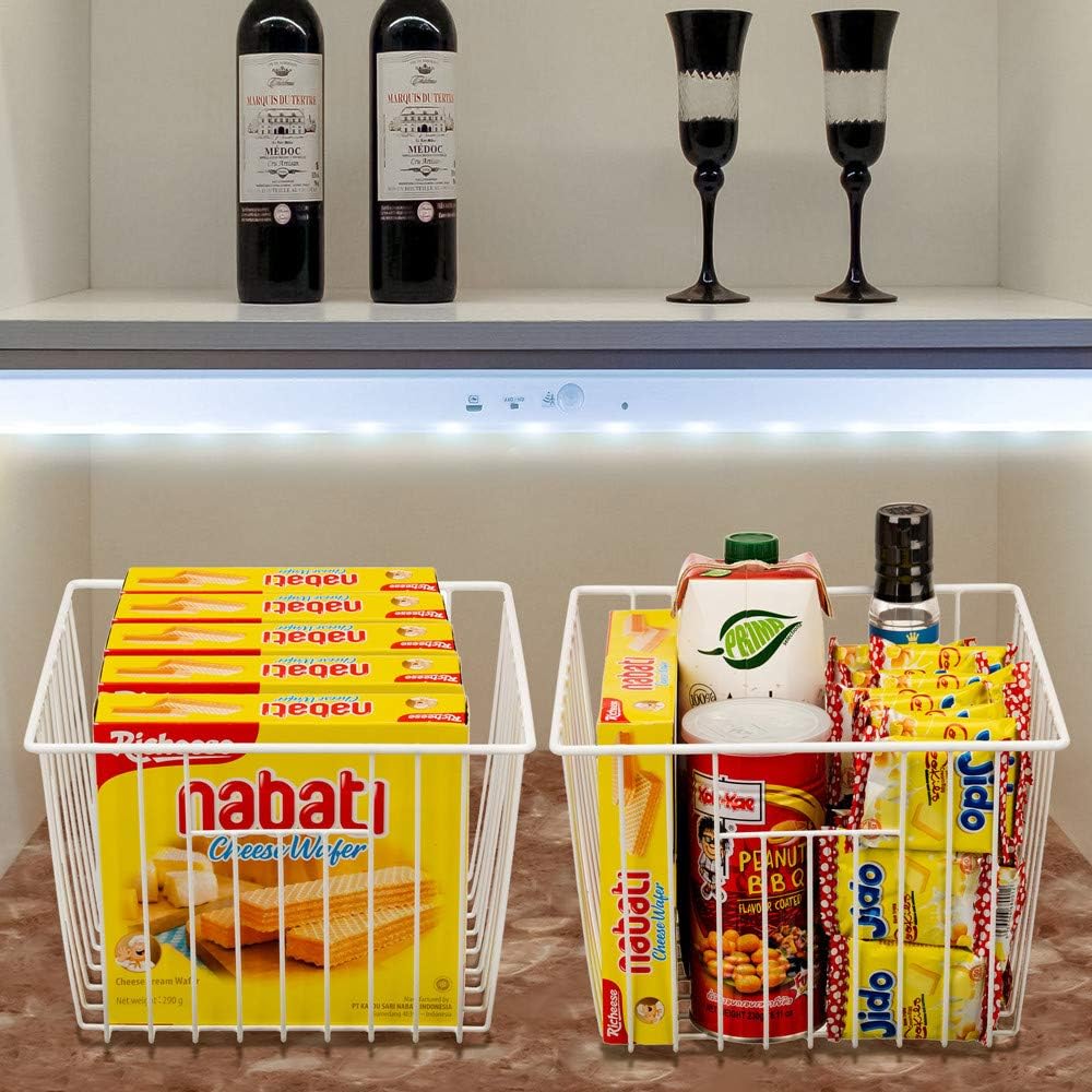 Freezer Baskests Organizer Bins, Freezer Wire Storage Basket Refrigerator Storage Baskets Bins Organizer with Built-in Handles for Cabinets, Pantry, Closets, Bedrooms - Set of 2 White