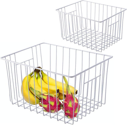 Freezer Baskests Organizer Bins, Freezer Wire Storage Basket Refrigerator Storage Baskets Bins Organizer with Built-in Handles for Cabinets, Pantry, Closets, Bedrooms - Set of 2 White