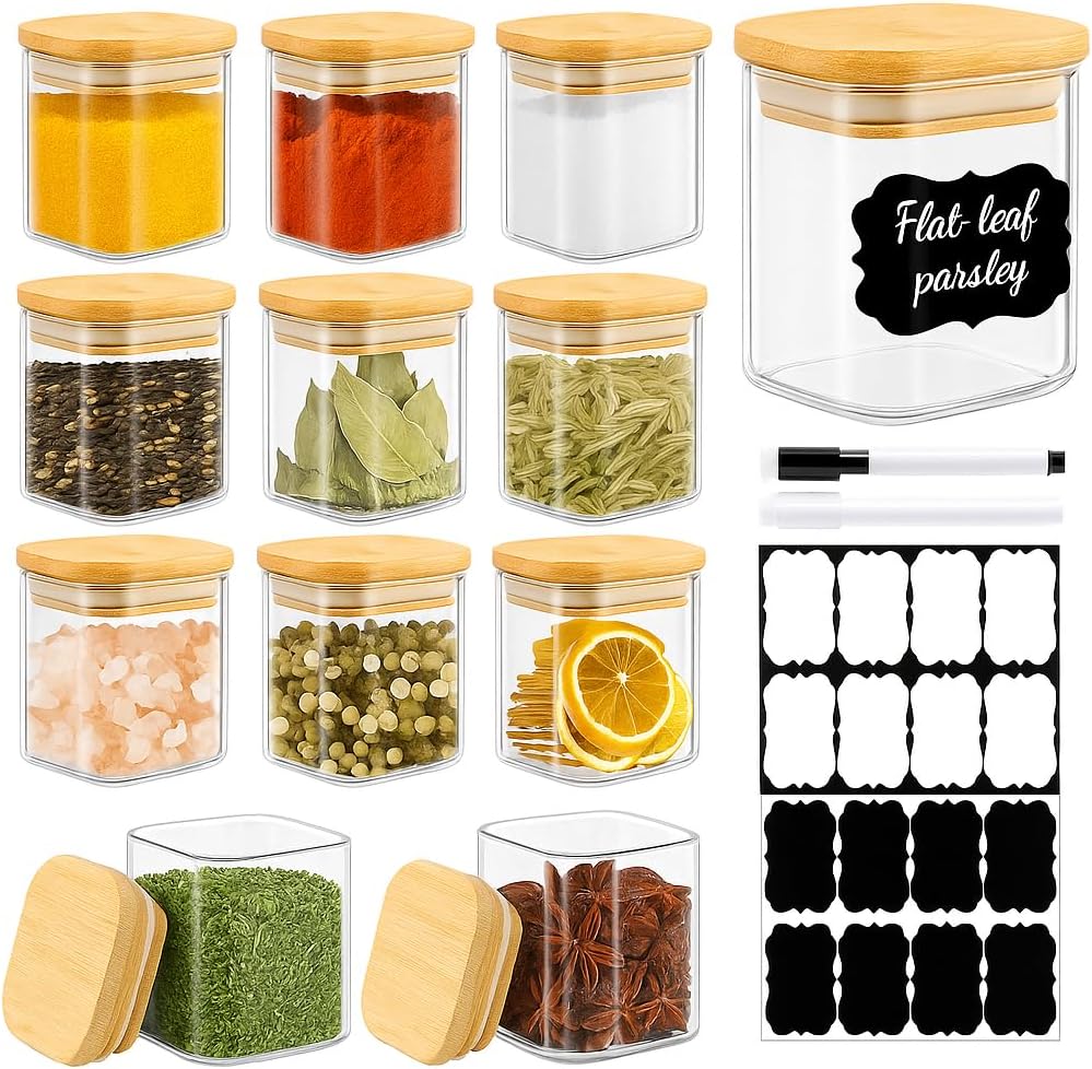 12 Pack 4 oz Square Glass Spice Jars with Lids and Labels – Airtight Small Seasoning Containers Set, Clear Glass Storage Jars for Seasoning, Spices, Kitchen Pantry Organization
