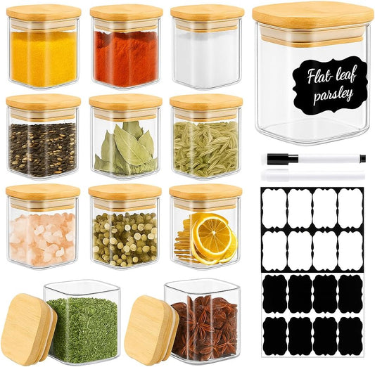 12 Pack 4 oz Square Glass Spice Jars with Lids and Labels – Airtight Small Seasoning Containers Set, Clear Glass Storage Jars for Seasoning, Spices, Kitchen Pantry Organization