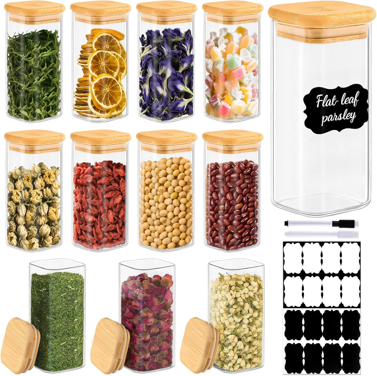 12 Pack 4 oz Square Glass Spice Jars with Lids and Labels – Airtight Small Seasoning Containers Set, Clear Glass Storage Jars for Seasoning, Spices, Kitchen Pantry Organization