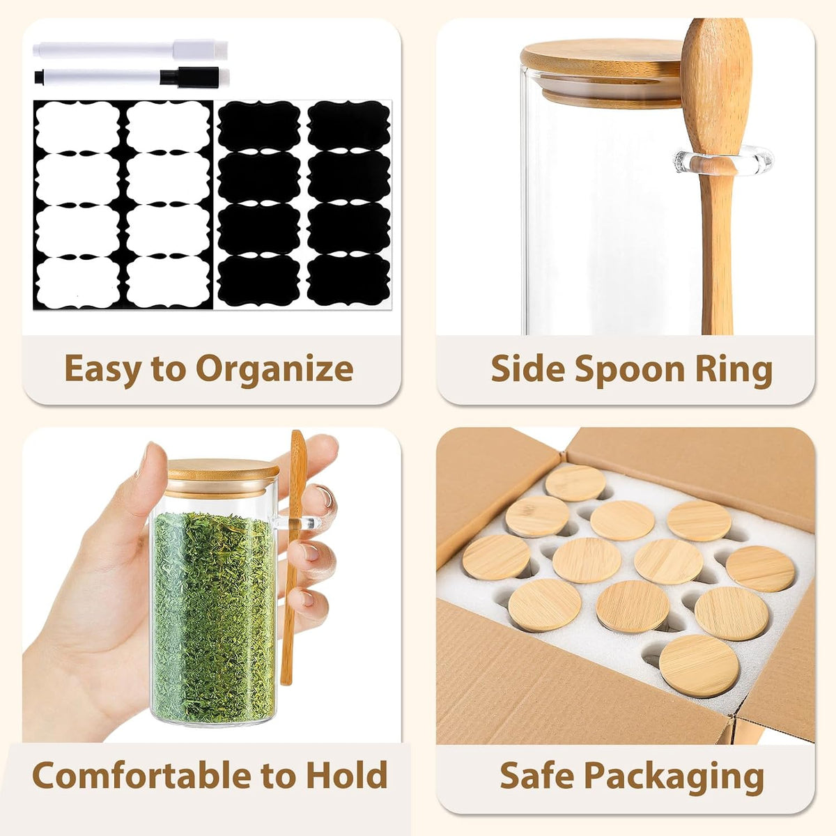 12 Pack 4 oz Square Glass Spice Jars with Lids and Labels – Airtight Small Seasoning Containers Set, Clear Glass Storage Jars for Seasoning, Spices, Kitchen Pantry Organization