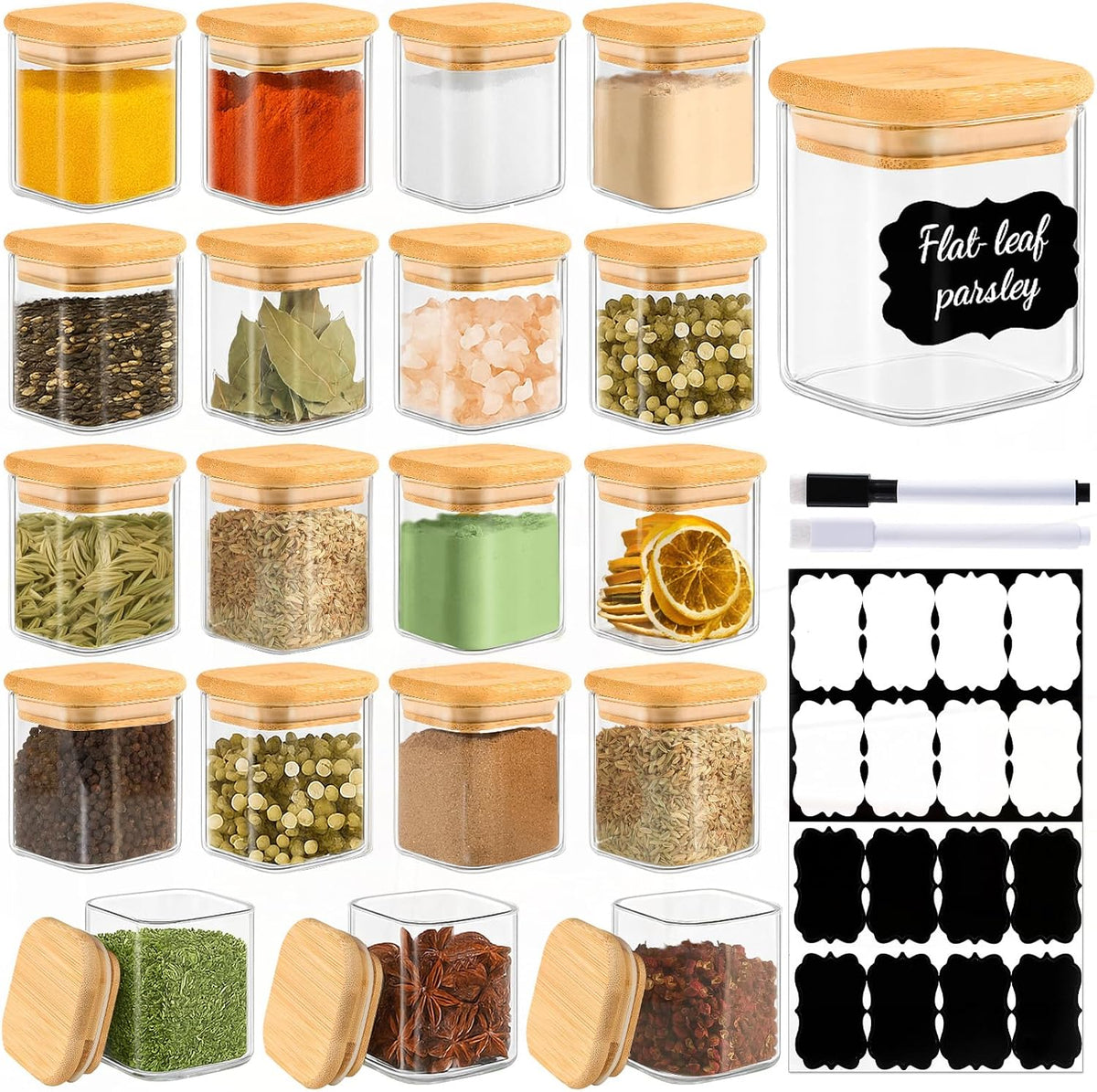 12 Pack 4 oz Square Glass Spice Jars with Lids and Labels – Airtight Small Seasoning Containers Set, Clear Glass Storage Jars for Seasoning, Spices, Kitchen Pantry Organization