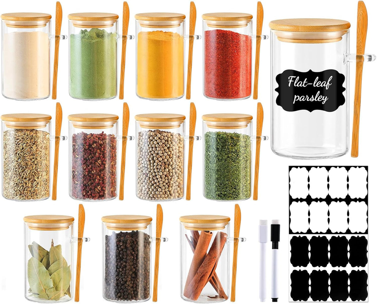 12 Pack 4 oz Square Glass Spice Jars with Lids and Labels – Airtight Small Seasoning Containers Set, Clear Glass Storage Jars for Seasoning, Spices, Kitchen Pantry Organization