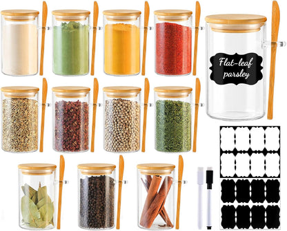 12 Pack 4 oz Square Glass Spice Jars with Lids and Labels – Airtight Small Seasoning Containers Set, Clear Glass Storage Jars for Seasoning, Spices, Kitchen Pantry Organization