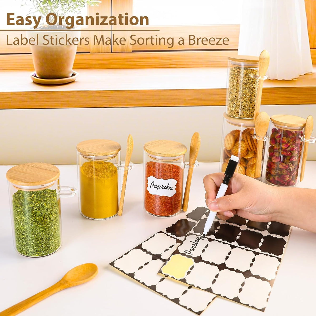 12 Pack 4 oz Square Glass Spice Jars with Lids and Labels – Airtight Small Seasoning Containers Set, Clear Glass Storage Jars for Seasoning, Spices, Kitchen Pantry Organization