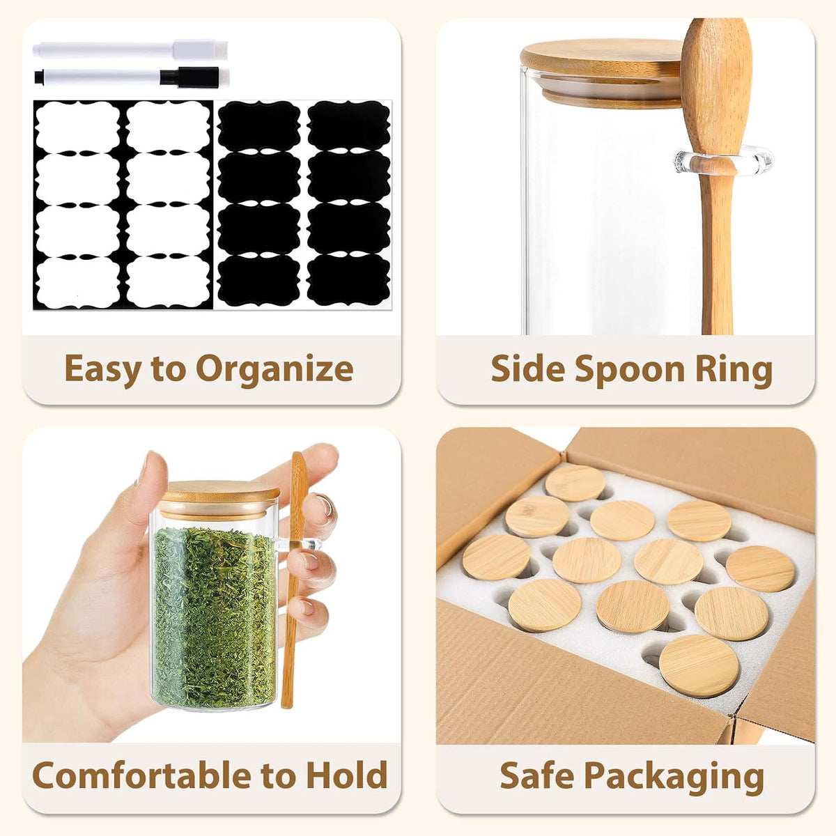 12 Pack 4 oz Square Glass Spice Jars with Lids and Labels – Airtight Small Seasoning Containers Set, Clear Glass Storage Jars for Seasoning, Spices, Kitchen Pantry Organization