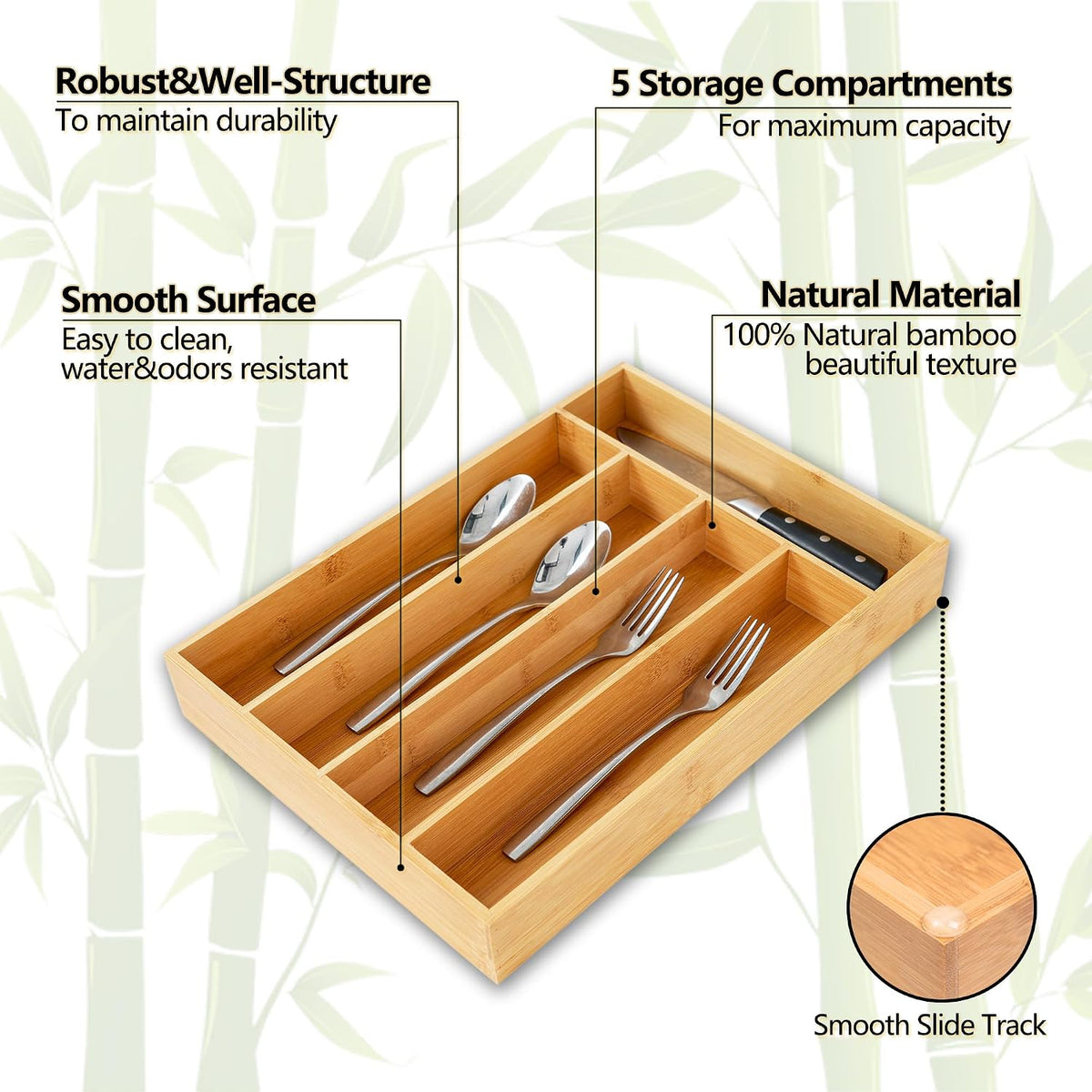 Silverware Organizer, 10 Inch Utensil Organizer Kitchen Drawer Organizer Bamboo Silverware Holder Cutlery Tray Organizer in Drawer Flatware Organizer Tray(5 slots, Natural