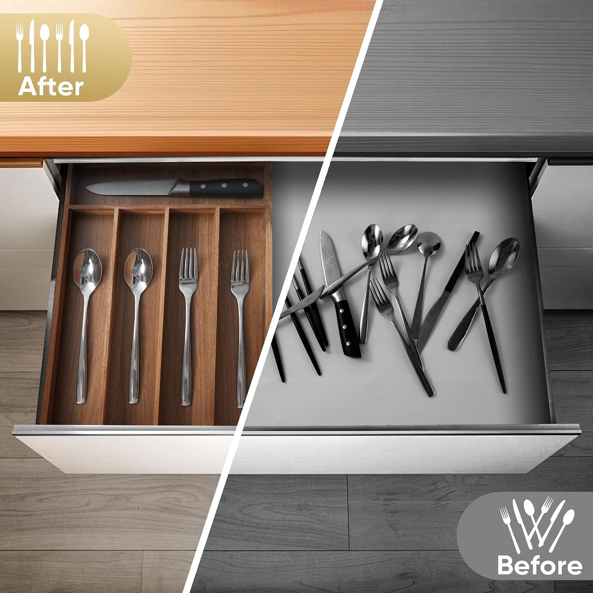 Silverware Organizer, 10 Inch Utensil Organizer Kitchen Drawer Organizer Bamboo Silverware Holder Cutlery Tray Organizer in Drawer Flatware Organizer Tray(5 slots, Natural