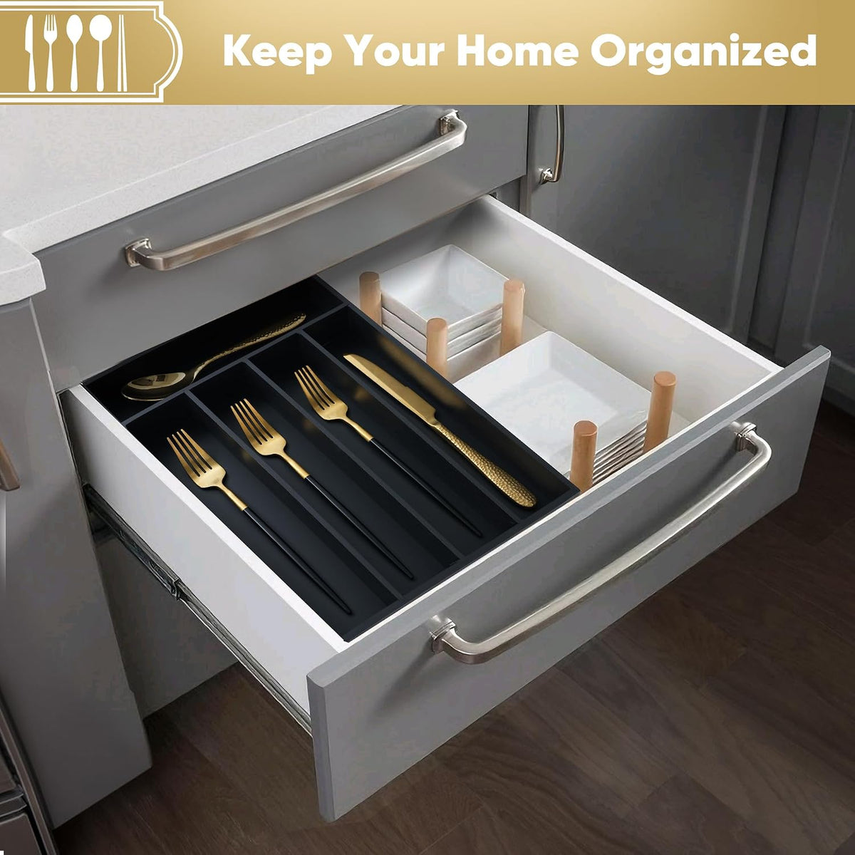 Silverware Organizer, 10 Inch Utensil Organizer Kitchen Drawer Organizer Bamboo Silverware Holder Cutlery Tray Organizer in Drawer Flatware Organizer Tray(5 slots, Natural