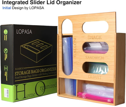 Baggie Organizer for Drawer Compatible with Ziplock Food Storage Bag, Sandwich Bag Organization for Kitchen Drawer, Plastic Baggie Storage Box for Pantry(Bamboo)