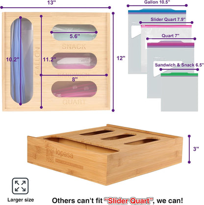 Baggie Organizer for Drawer Compatible with Ziplock Food Storage Bag, Sandwich Bag Organization for Kitchen Drawer, Plastic Baggie Storage Box for Pantry(Bamboo)