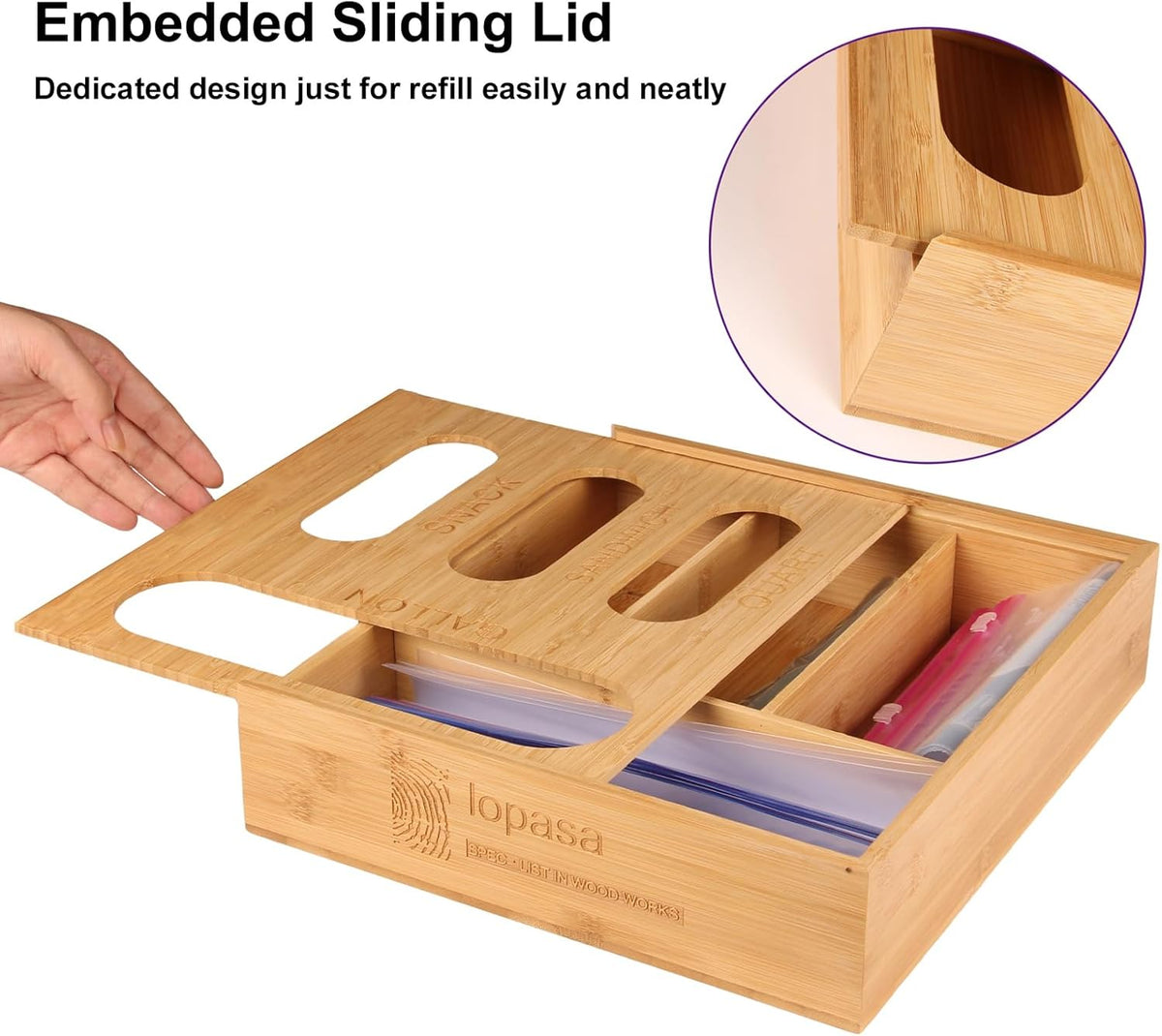 Baggie Organizer for Drawer Compatible with Ziplock Food Storage Bag, Sandwich Bag Organization for Kitchen Drawer, Plastic Baggie Storage Box for Pantry(Bamboo)