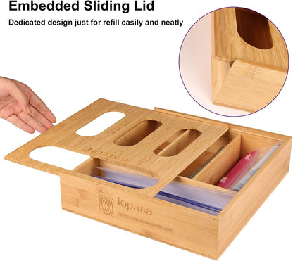Baggie Organizer for Drawer Compatible with Ziplock Food Storage Bag, Sandwich Bag Organization for Kitchen Drawer, Plastic Baggie Storage Box for Pantry(Bamboo)