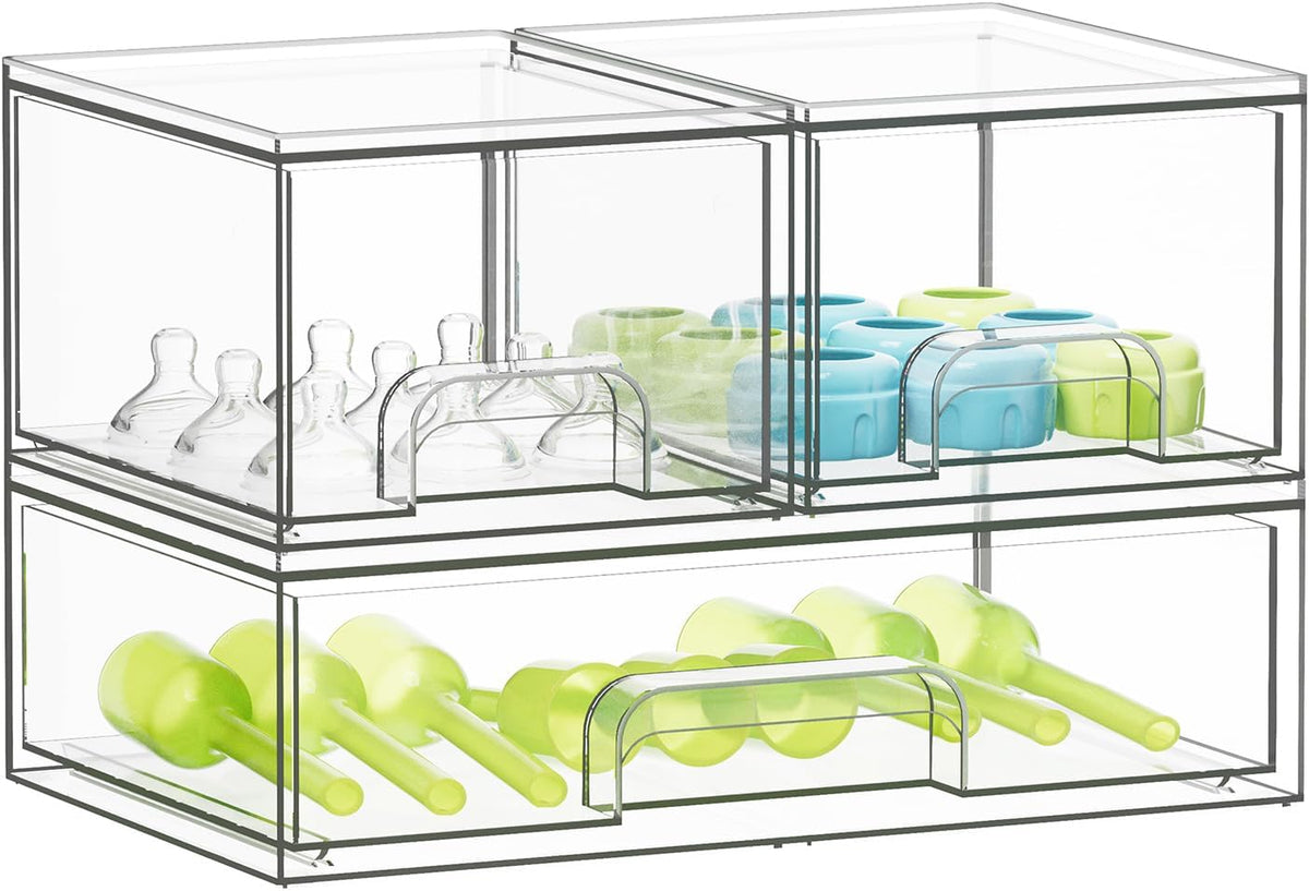 Bottle Storage Organizer Baby - Acrylic Bottles Station Organizer Container, Stackable Clear Drawers for Countertop, Vanity, Bathroom, Cabinet, Pantry Organization, 2S2M1L, 15.4" H
