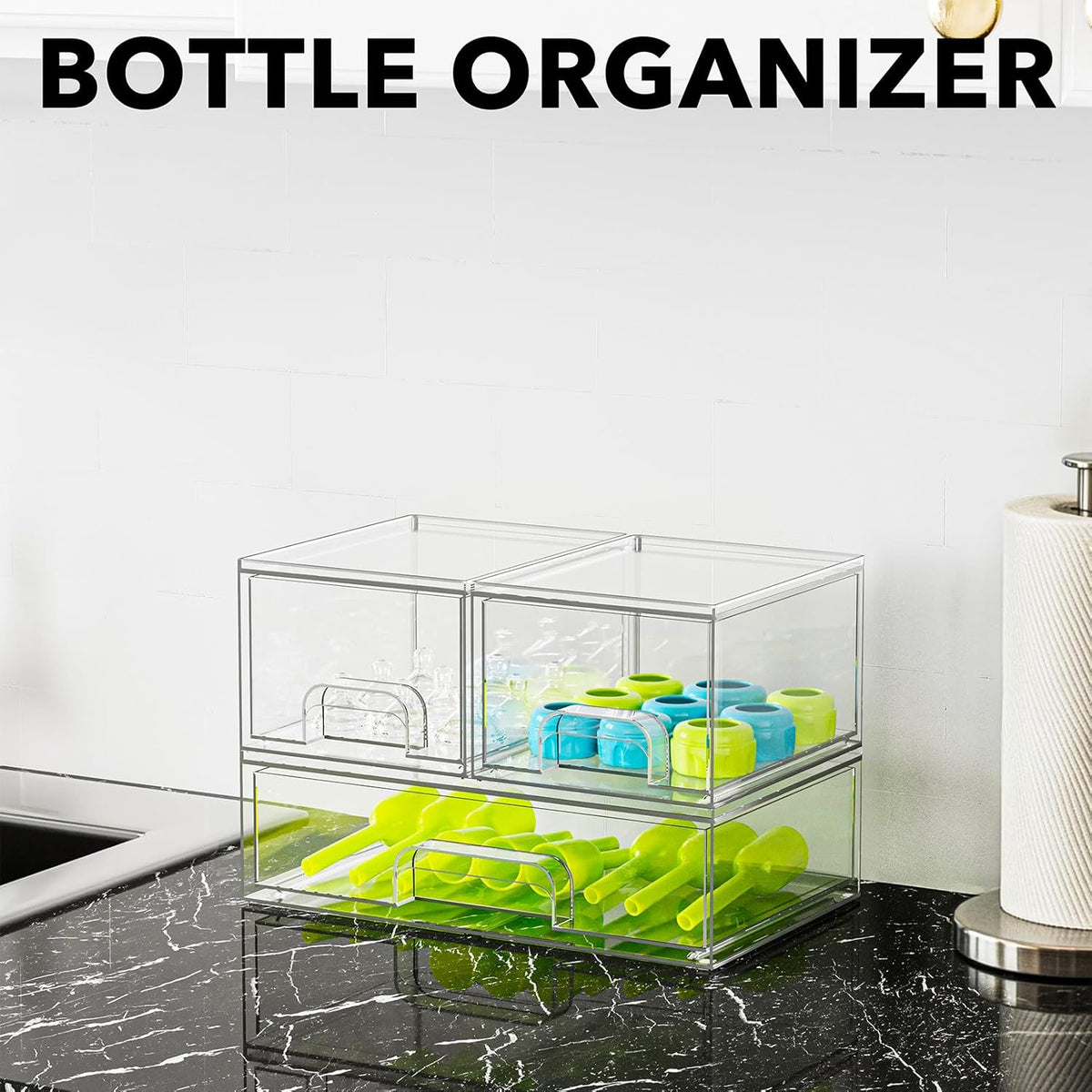 Bottle Storage Organizer Baby - Acrylic Bottles Station Organizer Container, Stackable Clear Drawers for Countertop, Vanity, Bathroom, Cabinet, Pantry Organization, 2S2M1L, 15.4" H