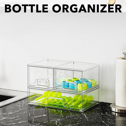 Bottle Storage Organizer Baby - Acrylic Bottles Station Organizer Container, Stackable Clear Drawers for Countertop, Vanity, Bathroom, Cabinet, Pantry Organization, 2S2M1L, 15.4" H