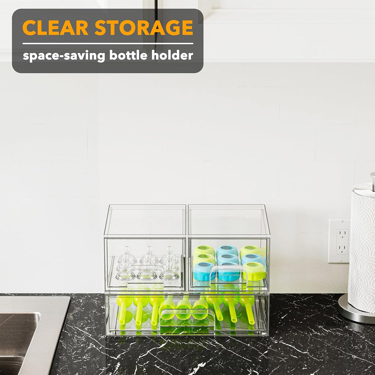 Bottle Storage Organizer Baby - Acrylic Bottles Station Organizer Container, Stackable Clear Drawers for Countertop, Vanity, Bathroom, Cabinet, Pantry Organization, 2S2M1L, 15.4" H