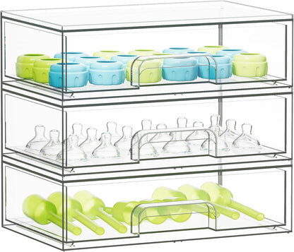 Bottle Storage Organizer Baby - Acrylic Bottles Station Organizer Container, Stackable Clear Drawers for Countertop, Vanity, Bathroom, Cabinet, Pantry Organization, 2S2M1L, 15.4" H