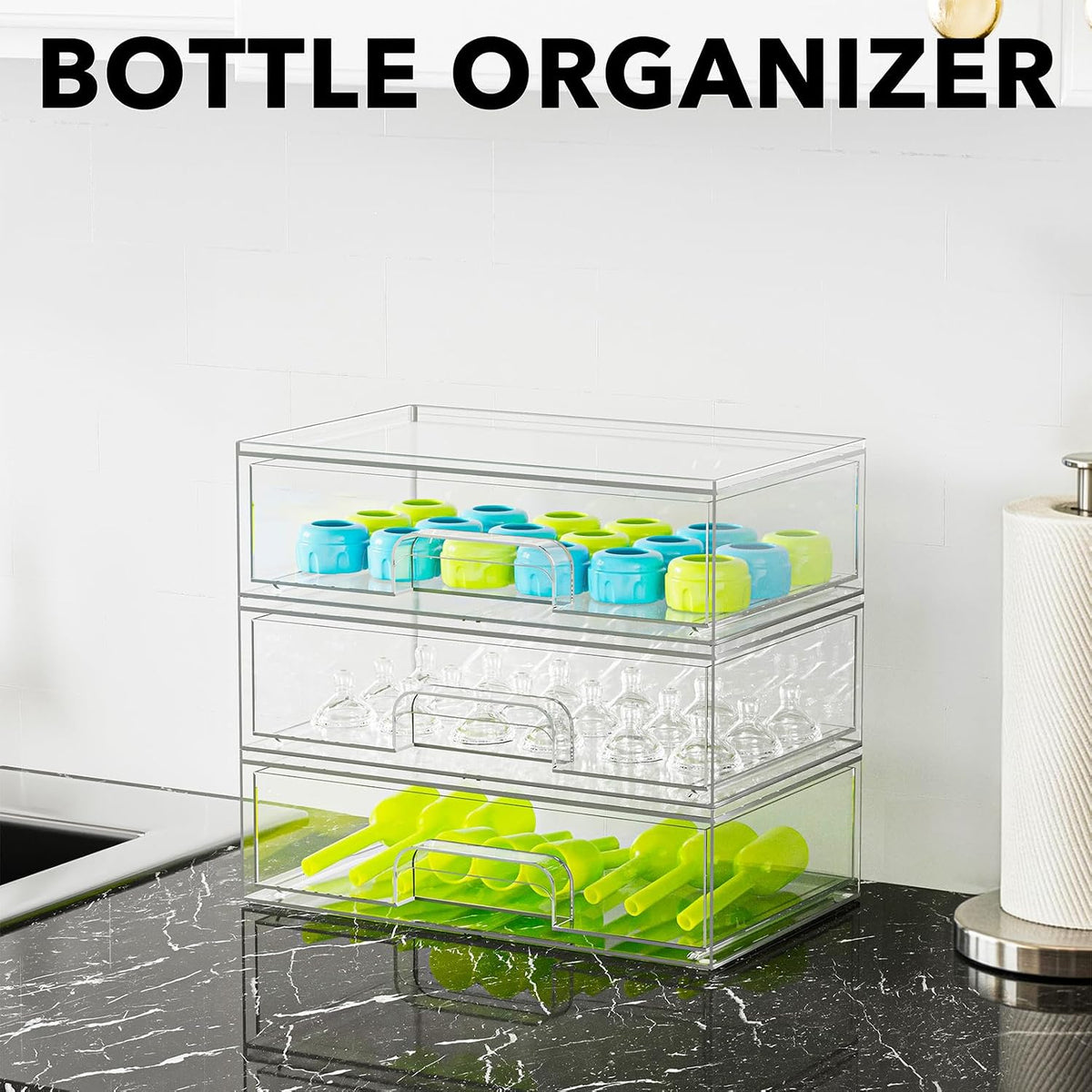 Bottle Storage Organizer Baby - Acrylic Bottles Station Organizer Container, Stackable Clear Drawers for Countertop, Vanity, Bathroom, Cabinet, Pantry Organization, 2S2M1L, 15.4" H