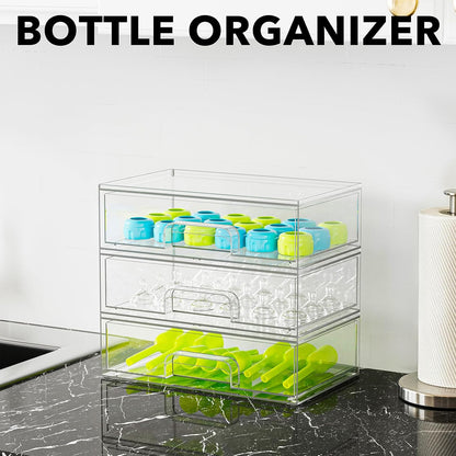 Bottle Storage Organizer Baby - Acrylic Bottles Station Organizer Container, Stackable Clear Drawers for Countertop, Vanity, Bathroom, Cabinet, Pantry Organization, 2S2M1L, 15.4" H