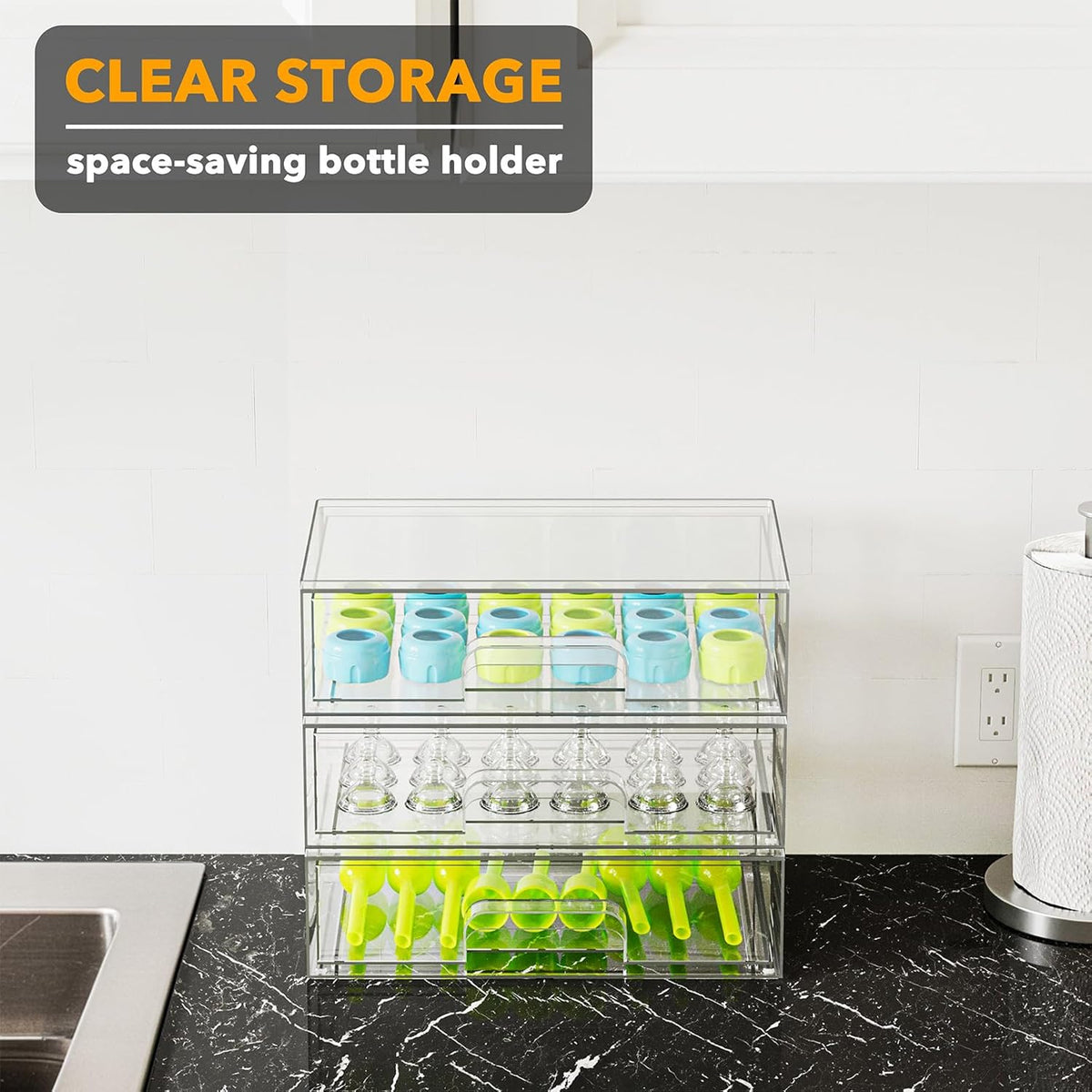 Bottle Storage Organizer Baby - Acrylic Bottles Station Organizer Container, Stackable Clear Drawers for Countertop, Vanity, Bathroom, Cabinet, Pantry Organization, 2S2M1L, 15.4" H