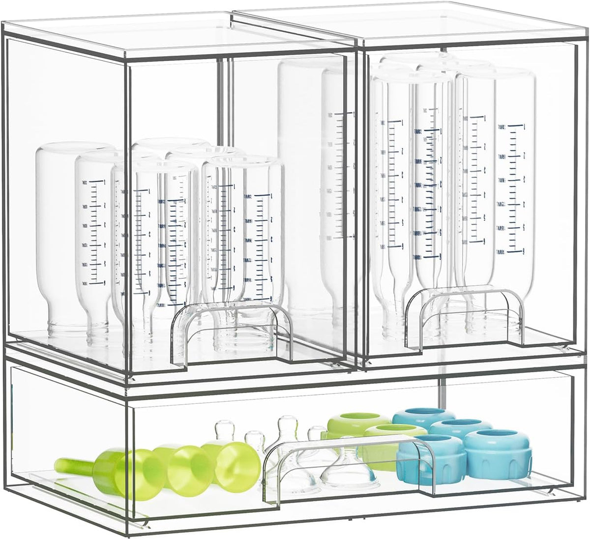 Bottle Storage Organizer Baby - Acrylic Bottles Station Organizer Container, Stackable Clear Drawers for Countertop, Vanity, Bathroom, Cabinet, Pantry Organization, 2S2M1L, 15.4" H