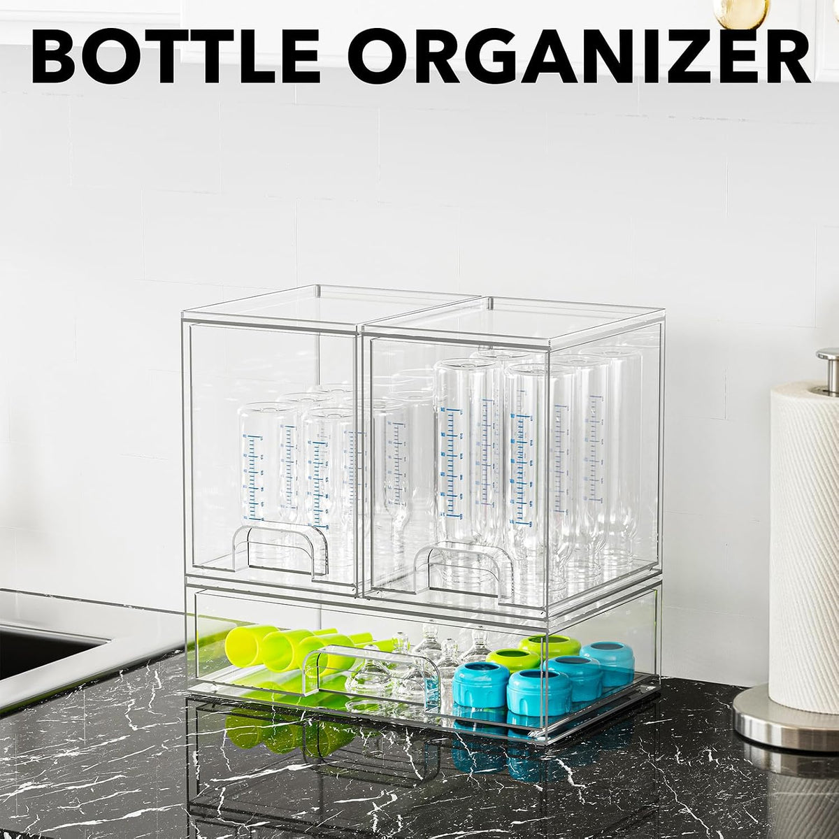 Bottle Storage Organizer Baby - Acrylic Bottles Station Organizer Container, Stackable Clear Drawers for Countertop, Vanity, Bathroom, Cabinet, Pantry Organization, 2S2M1L, 15.4" H