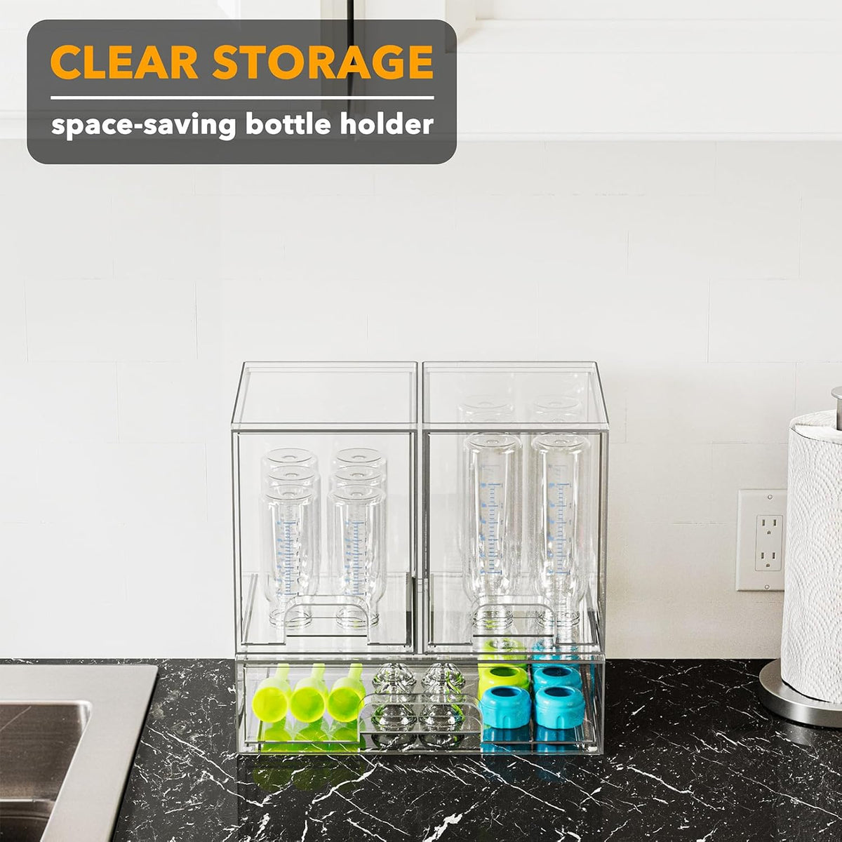 Bottle Storage Organizer Baby - Acrylic Bottles Station Organizer Container, Stackable Clear Drawers for Countertop, Vanity, Bathroom, Cabinet, Pantry Organization, 2S2M1L, 15.4" H