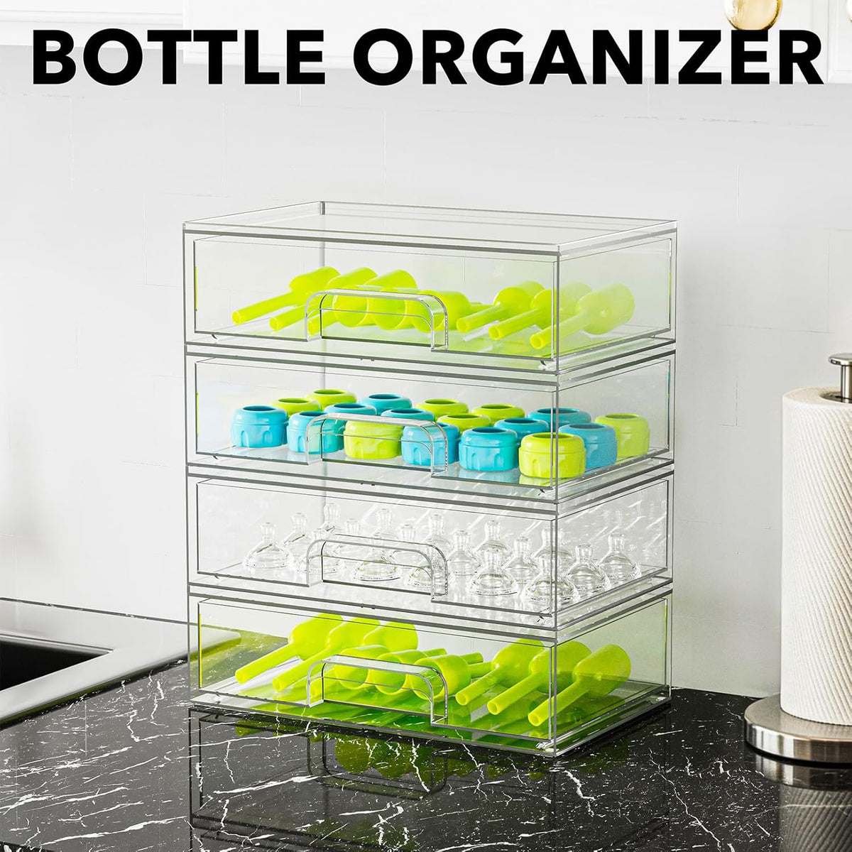 Bottle Storage Organizer Baby - Acrylic Bottles Station Organizer Container, Stackable Clear Drawers for Countertop, Vanity, Bathroom, Cabinet, Pantry Organization, 2S2M1L, 15.4" H