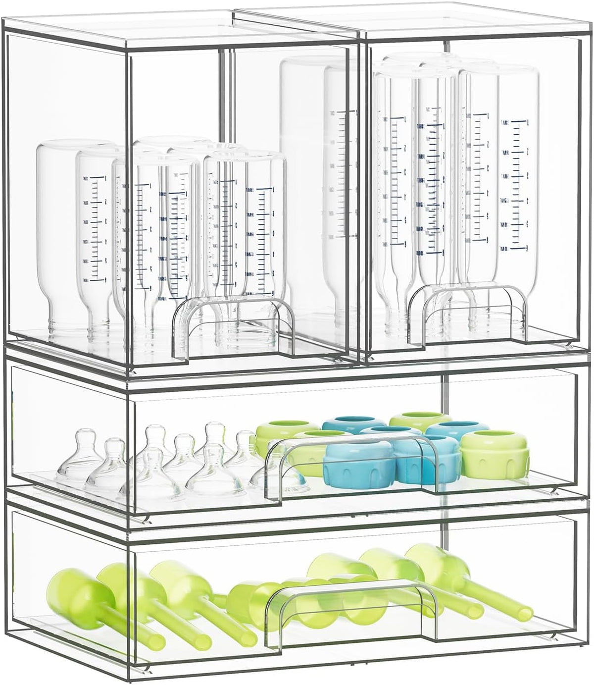 Bottle Storage Organizer Baby - Acrylic Bottles Station Organizer Container, Stackable Clear Drawers for Countertop, Vanity, Bathroom, Cabinet, Pantry Organization, 2S2M1L, 15.4" H
