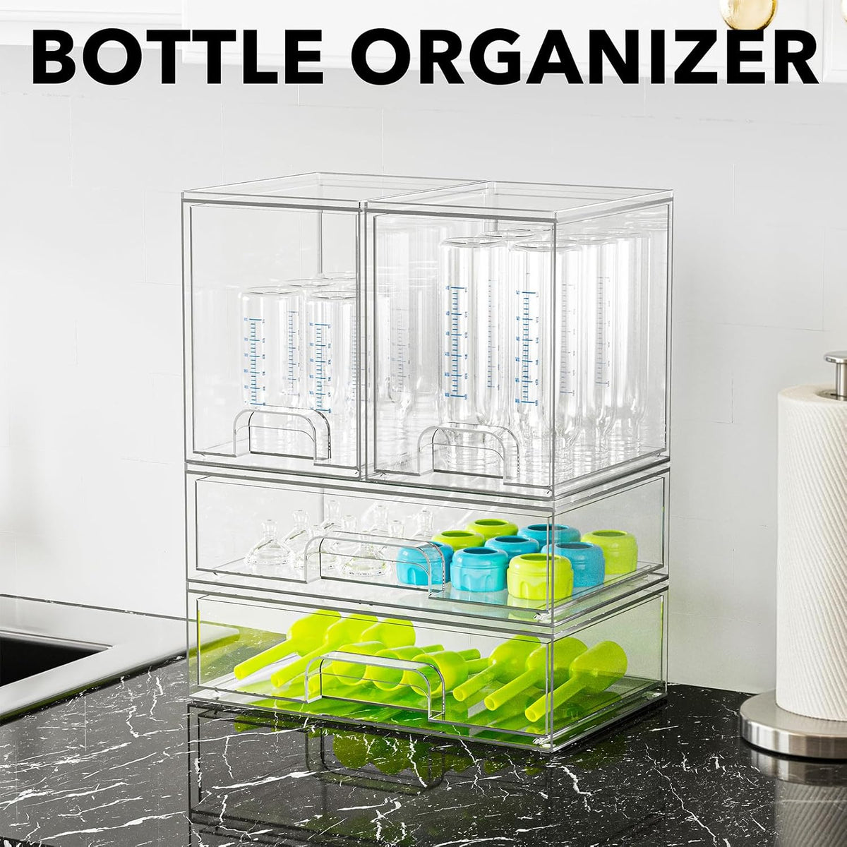 Bottle Storage Organizer Baby - Acrylic Bottles Station Organizer Container, Stackable Clear Drawers for Countertop, Vanity, Bathroom, Cabinet, Pantry Organization, 2S2M1L, 15.4" H