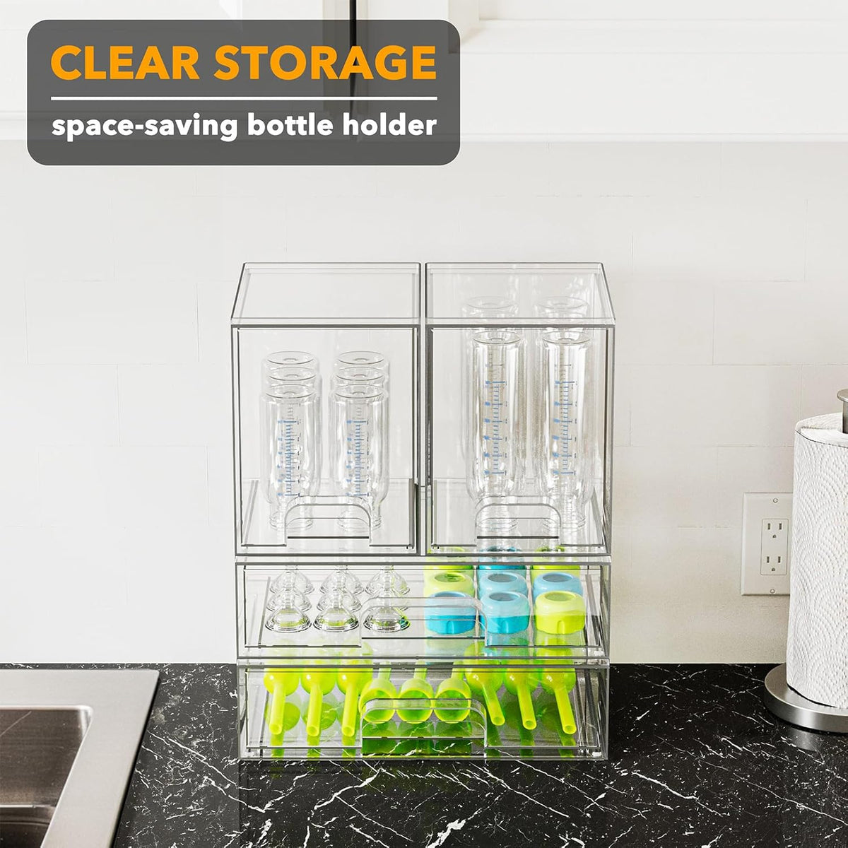 Bottle Storage Organizer Baby - Acrylic Bottles Station Organizer Container, Stackable Clear Drawers for Countertop, Vanity, Bathroom, Cabinet, Pantry Organization, 2S2M1L, 15.4" H