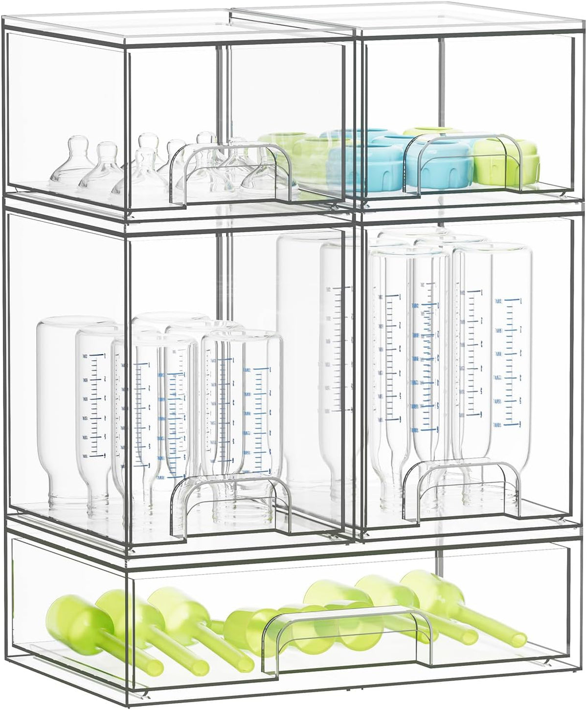 Bottle Storage Organizer Baby - Acrylic Bottles Station Organizer Container, Stackable Clear Drawers for Countertop, Vanity, Bathroom, Cabinet, Pantry Organization, 2S2M1L, 15.4" H