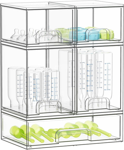 Bottle Storage Organizer Baby - Acrylic Bottles Station Organizer Container, Stackable Clear Drawers for Countertop, Vanity, Bathroom, Cabinet, Pantry Organization, 2S2M1L, 15.4" H