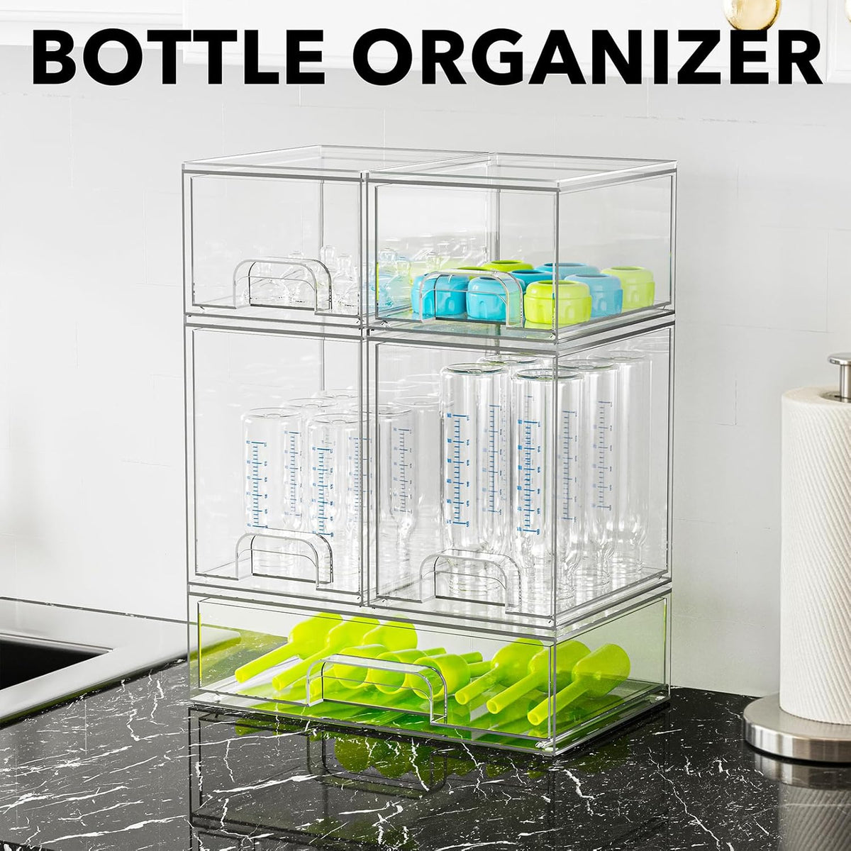 Bottle Storage Organizer Baby - Acrylic Bottles Station Organizer Container, Stackable Clear Drawers for Countertop, Vanity, Bathroom, Cabinet, Pantry Organization, 2S2M1L, 15.4" H