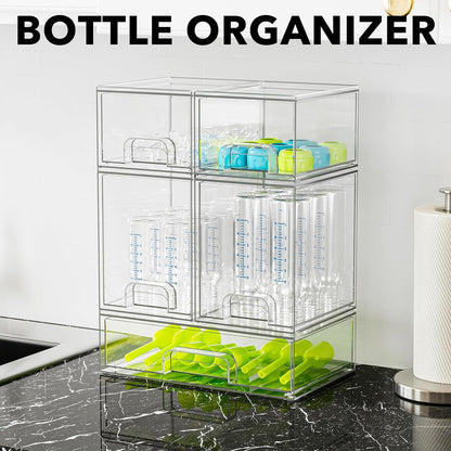 Bottle Storage Organizer Baby - Acrylic Bottles Station Organizer Container, Stackable Clear Drawers for Countertop, Vanity, Bathroom, Cabinet, Pantry Organization, 2S2M1L, 15.4" H