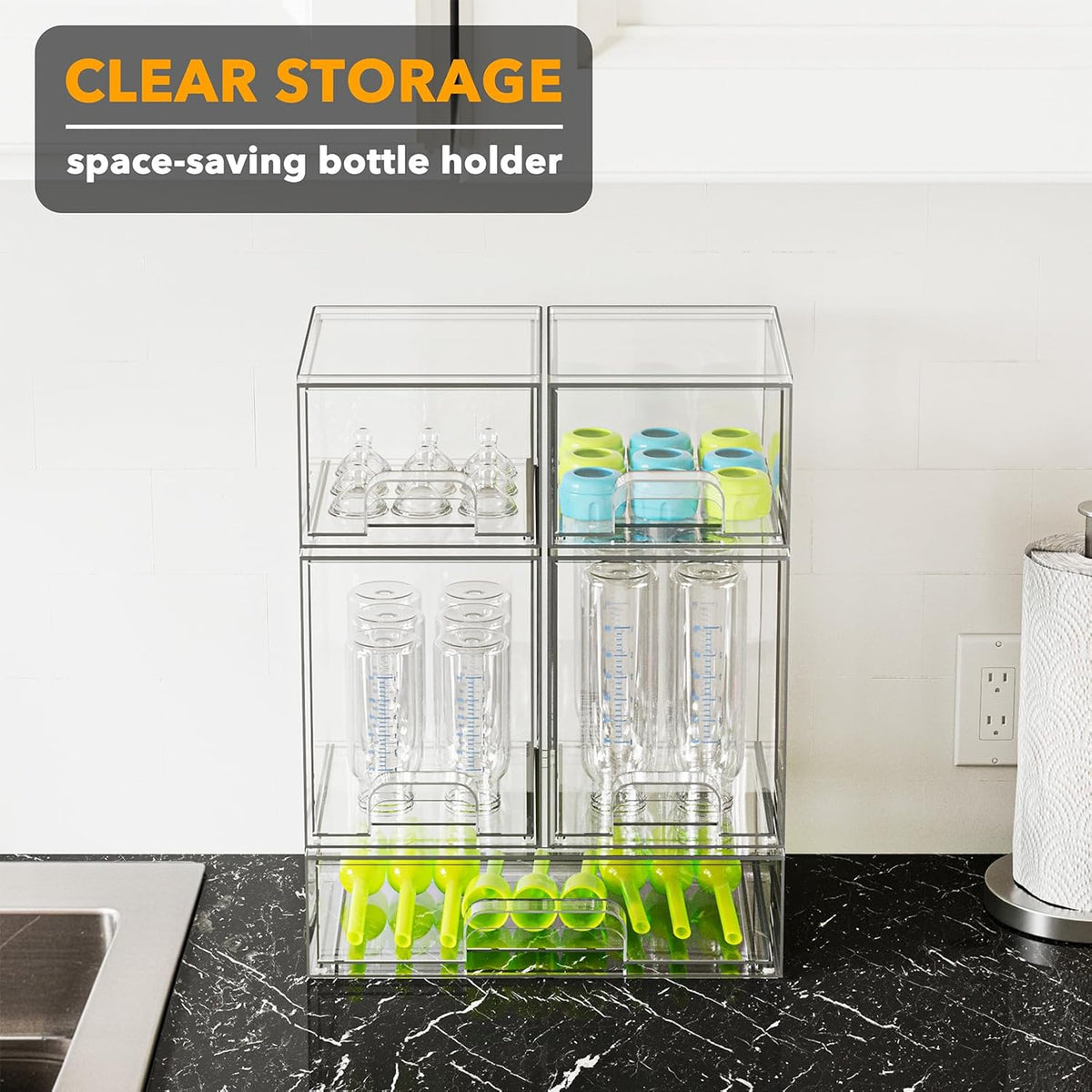 Bottle Storage Organizer Baby - Acrylic Bottles Station Organizer Container, Stackable Clear Drawers for Countertop, Vanity, Bathroom, Cabinet, Pantry Organization, 2S2M1L, 15.4" H