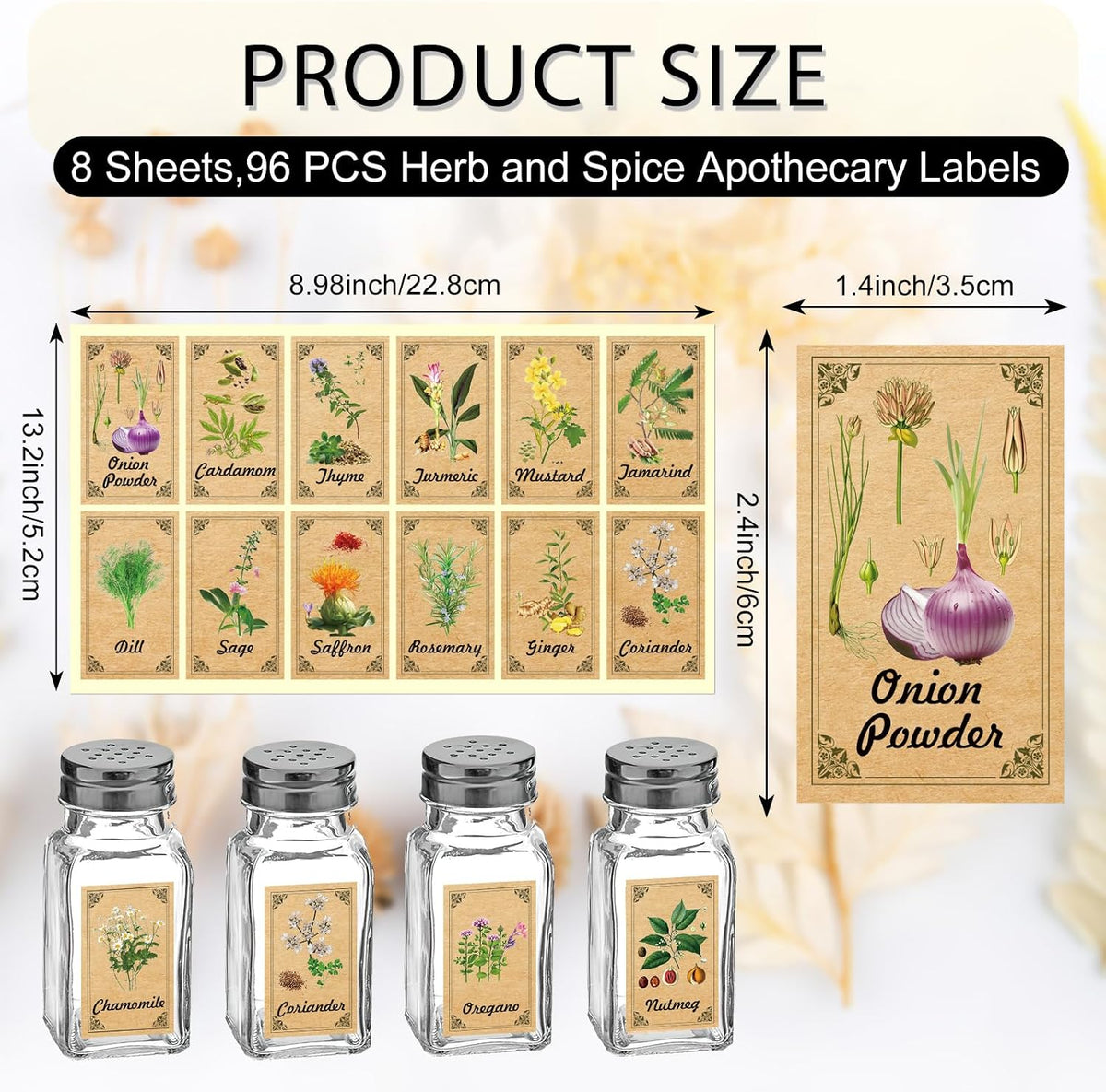 96 Pcs Herb and Spice Jar Labels, Vintage Apothecary Label, Plant Stickers for Herb Spice Cabinet Organization, 1.4 x 2.4 Inch