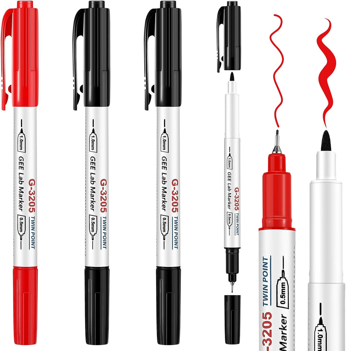 3 Pcs Alcohol Resistant Laboratory Markers, Black Dual Head Permanent Freezer Pens with 0.5mm Fine Point and 1.0mm Makers Tip, Designed for Industrial, Lab and Hospital Use (2 Black & 1 Red)